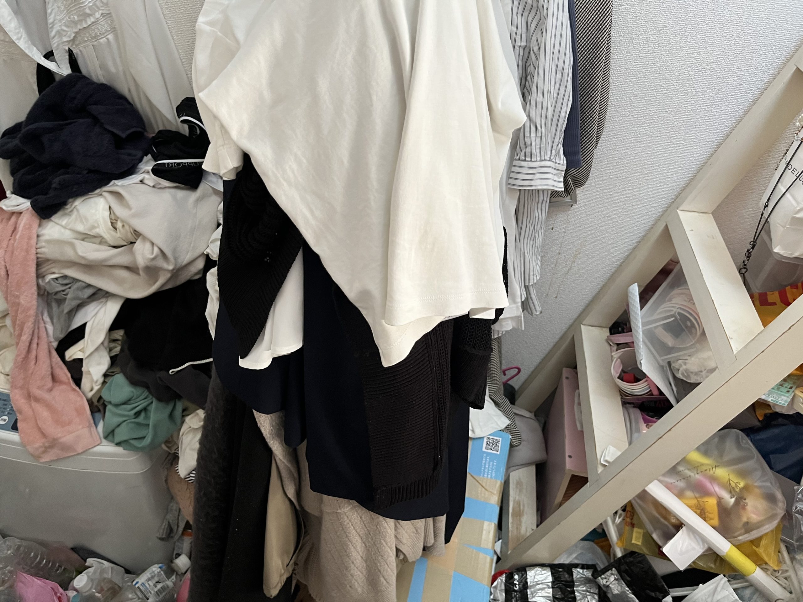 千葉県船橋市のゴミ屋敷片付けと清掃，洋服と不用品が散乱するワンルーム