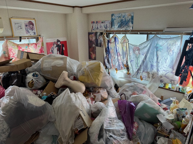 ゴミが天井まで積み上がったゴミ屋敷の写真